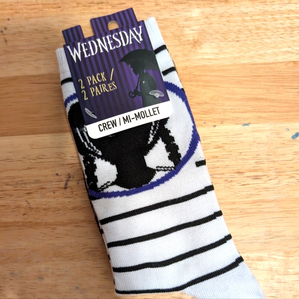 2 Pack Wednesday Addams Crew Socks Size 5 - 10